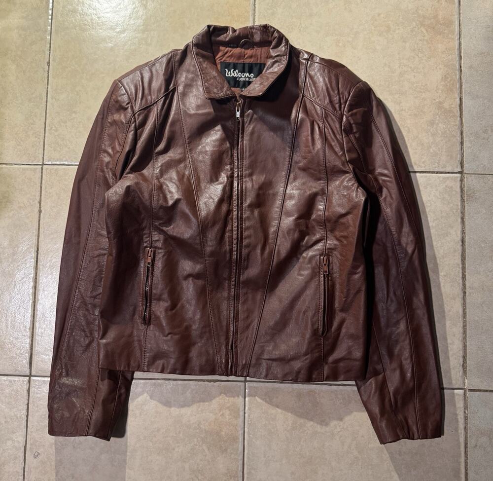 Wilsons Suede & Leather Womens Brown Full Zip Jacket Pockets Lined Short Sz 42